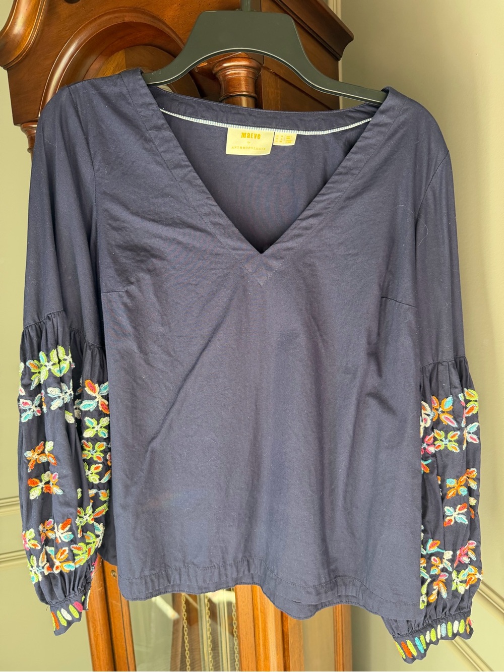 Maeve Navy V-Neck Embroidered Sleeve Top size 8
